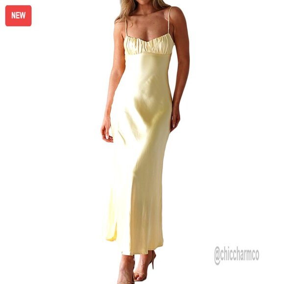 Dresses & Skirts - Satin Backless Ruched Twist Midi Dress Spaghetti Strap Formal Cocktail